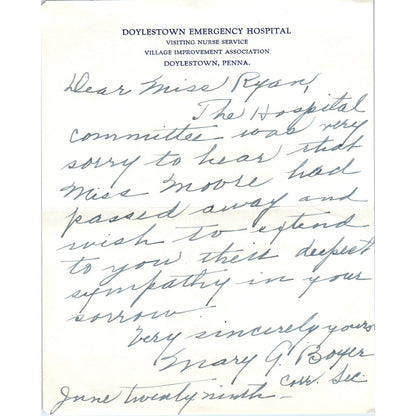 Vintage Letter on Doylestown Emergency Hospital PA Letterhead Ai5-PCL