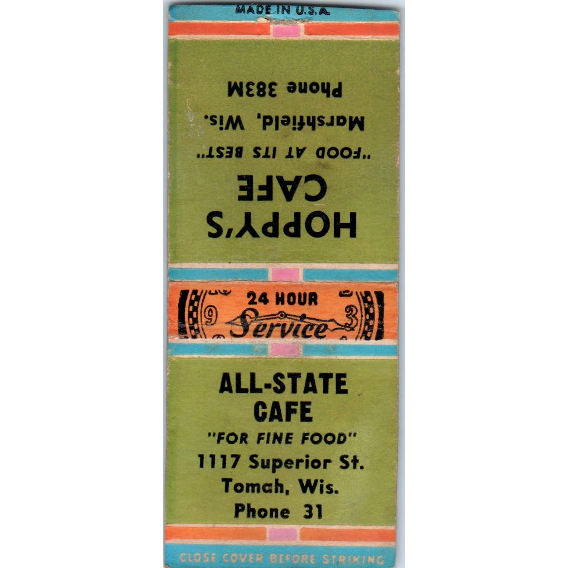 Hoppy's Cafe Marshfield All-State Cafe Tomah WI Vintage Matchbook Cover SD4-Y2