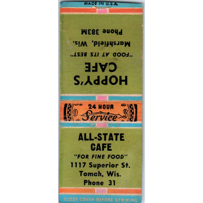 Hoppy's Cafe Marshfield All-State Cafe Tomah WI Vintage Matchbook Cover SD4-Y2