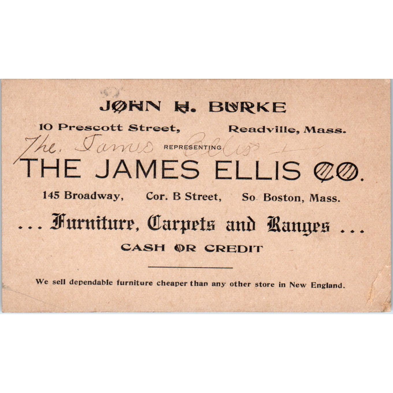 The James Ellis Co Furniture Readville MA John H. Burke Business Card AE9-X2