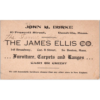 The James Ellis Co Furniture Readville MA John H. Burke Business Card AE9-X2