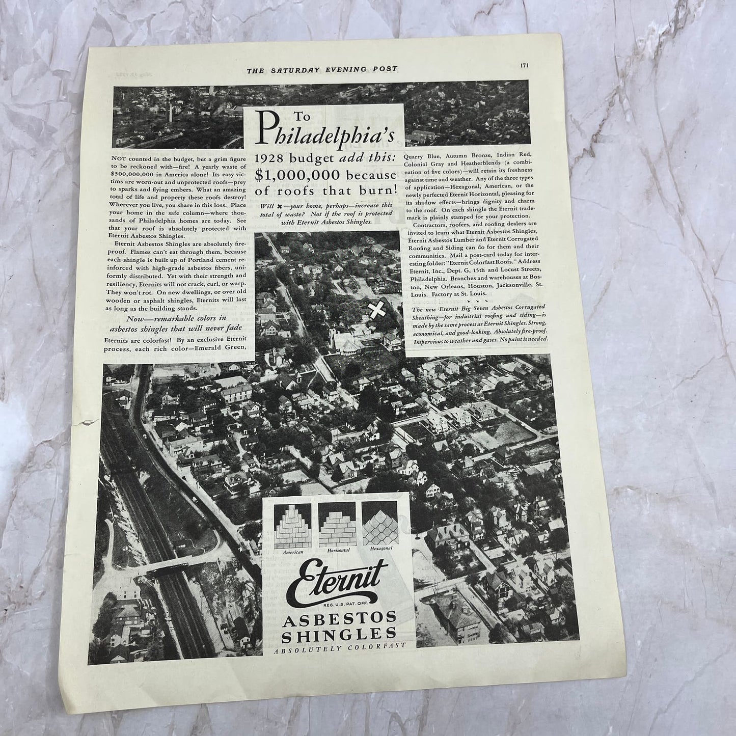 Eternit Asbestos Shingles 1928 Original Magazine Advertisement FL6-8