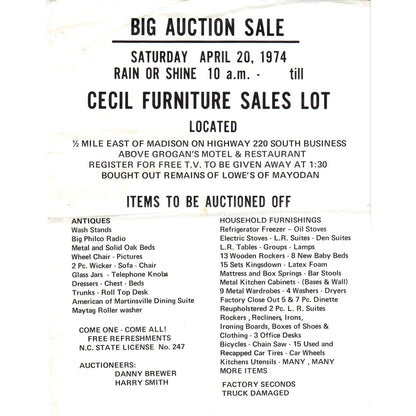 1974 Auction Bulletin Cecil Furniture Sales Lot Madison NC Danny Brewer AF1-RR6