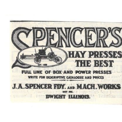 Spencers Hay Presses J.A. Spencer FDY and Mach Works Dwight IL 1924 Ad AG3-S2