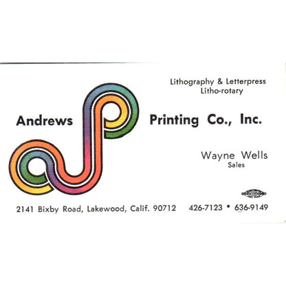 Andrews Printing Co Inc Wayne Wells Lakewood CA Vintage Business Card SD4-B3