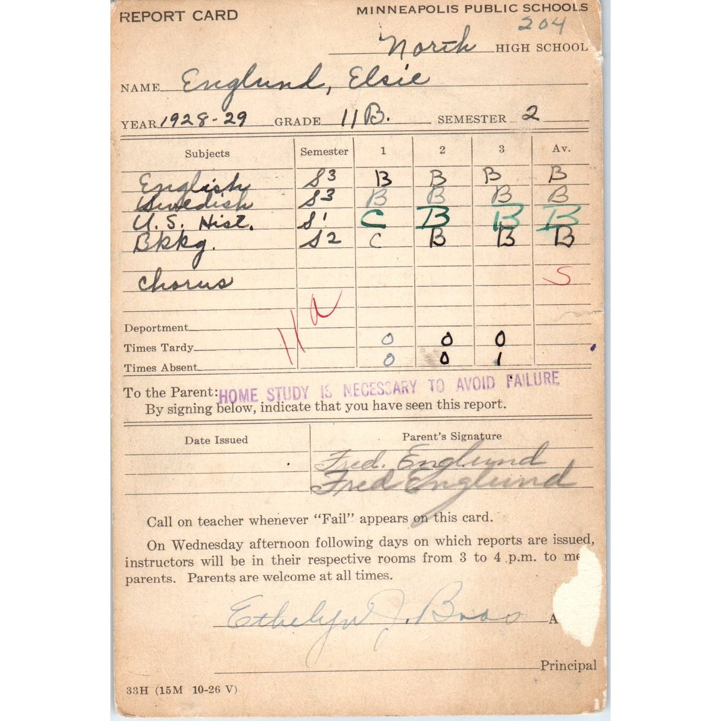 1928-29 North High School Minneapolis MN Report Card Elsie Englund AE2