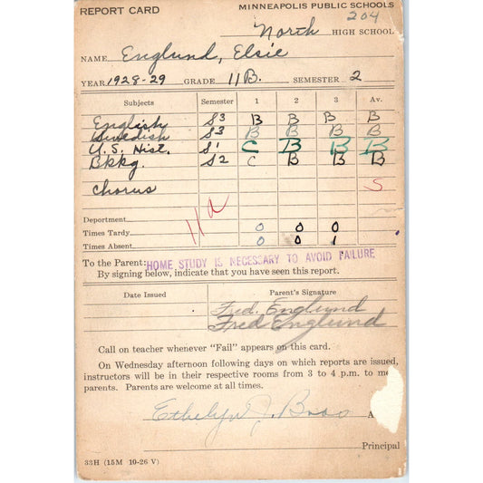 1928-29 North High School Minneapolis MN Report Card Elsie Englund AE2