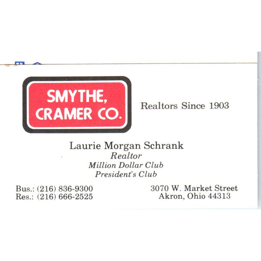 Laurie Morgan Schrank Realtor Smythe Cramer Akron OH Vtg Business Card SD8-B2