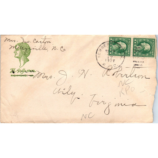 1921 Maysville NC to J.N. Robertson VA Postal Cover Envelope TG7-PC1