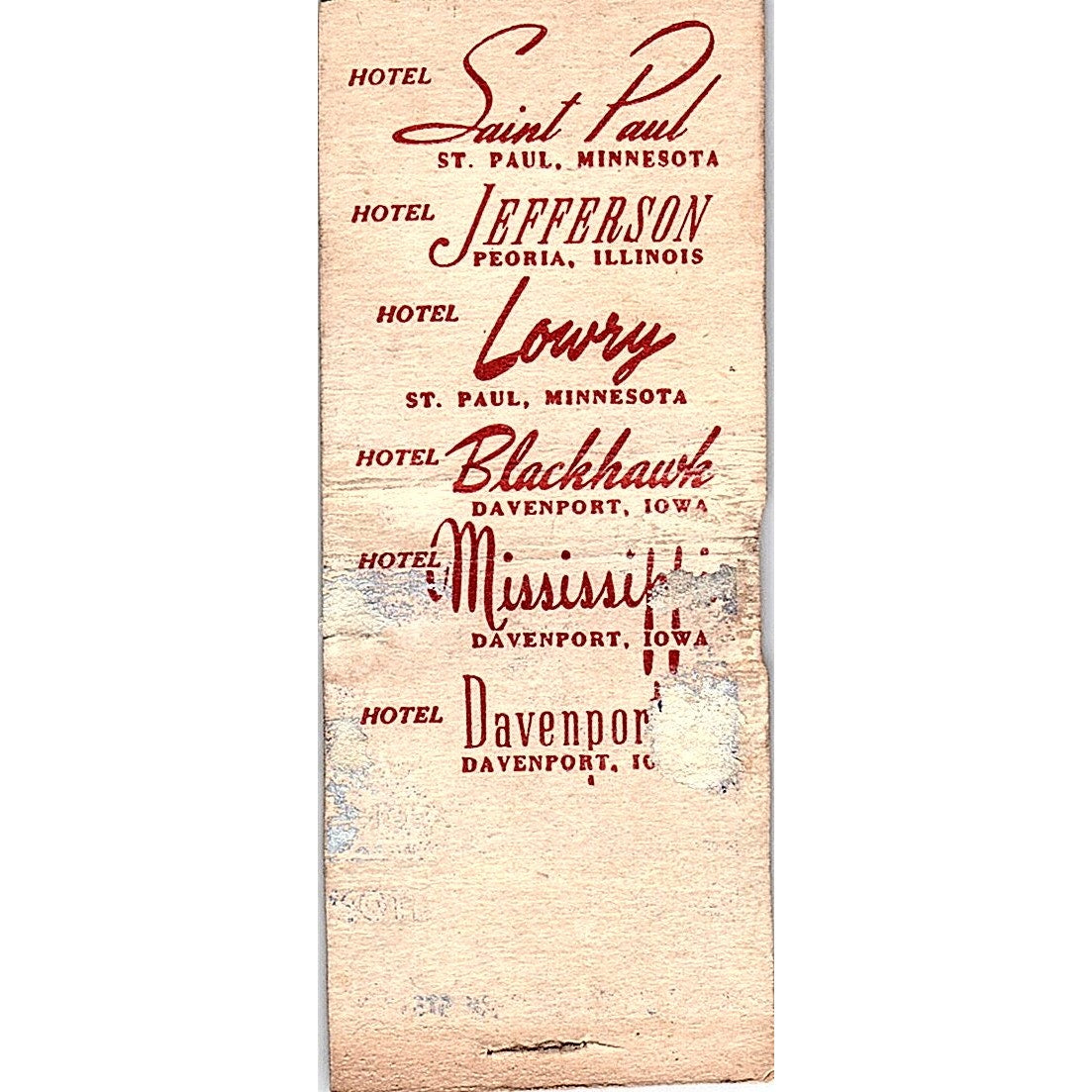 A Blackhawk Hotel MN, IA, IL Vintage Matchbook Cover SC7-Y5