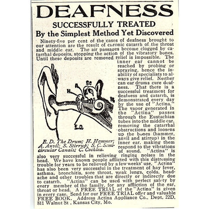 Deafness Treatment Actina Appliance Co Kansas City MO 1914 Original Ad AF3-Q4