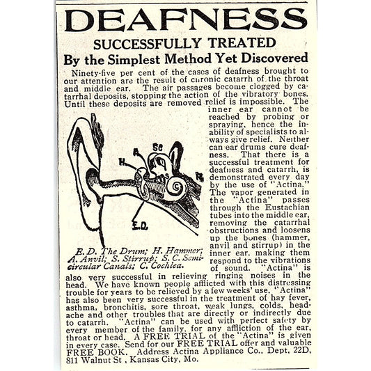 Deafness Treatment Actina Appliance Co Kansas City MO 1914 Original Ad AF3-Q4