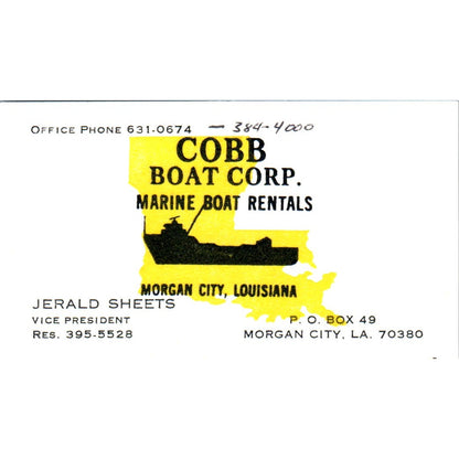 Cobb Boat Corp Boat Rentals Jerald Sheets Morgan City LA Business Card SD8-B8