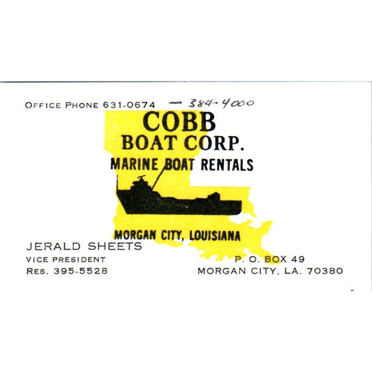 Cobb Boat Corp Boat Rentals Jerald Sheets Morgan City LA Business Card SD8-B8