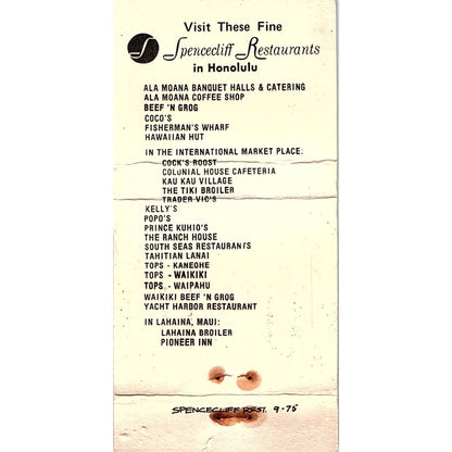 Fisherman's Wharf Restaurant Kewalo Basin Honolulu Vintage Matchbook MM5-8