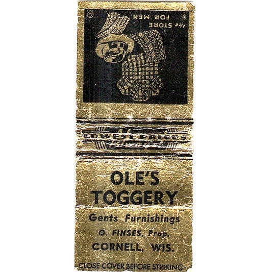 Ole's Toggery Men's Clothing O. Finses Cornell WI Vintage Matchbook Cover SF3-Y2