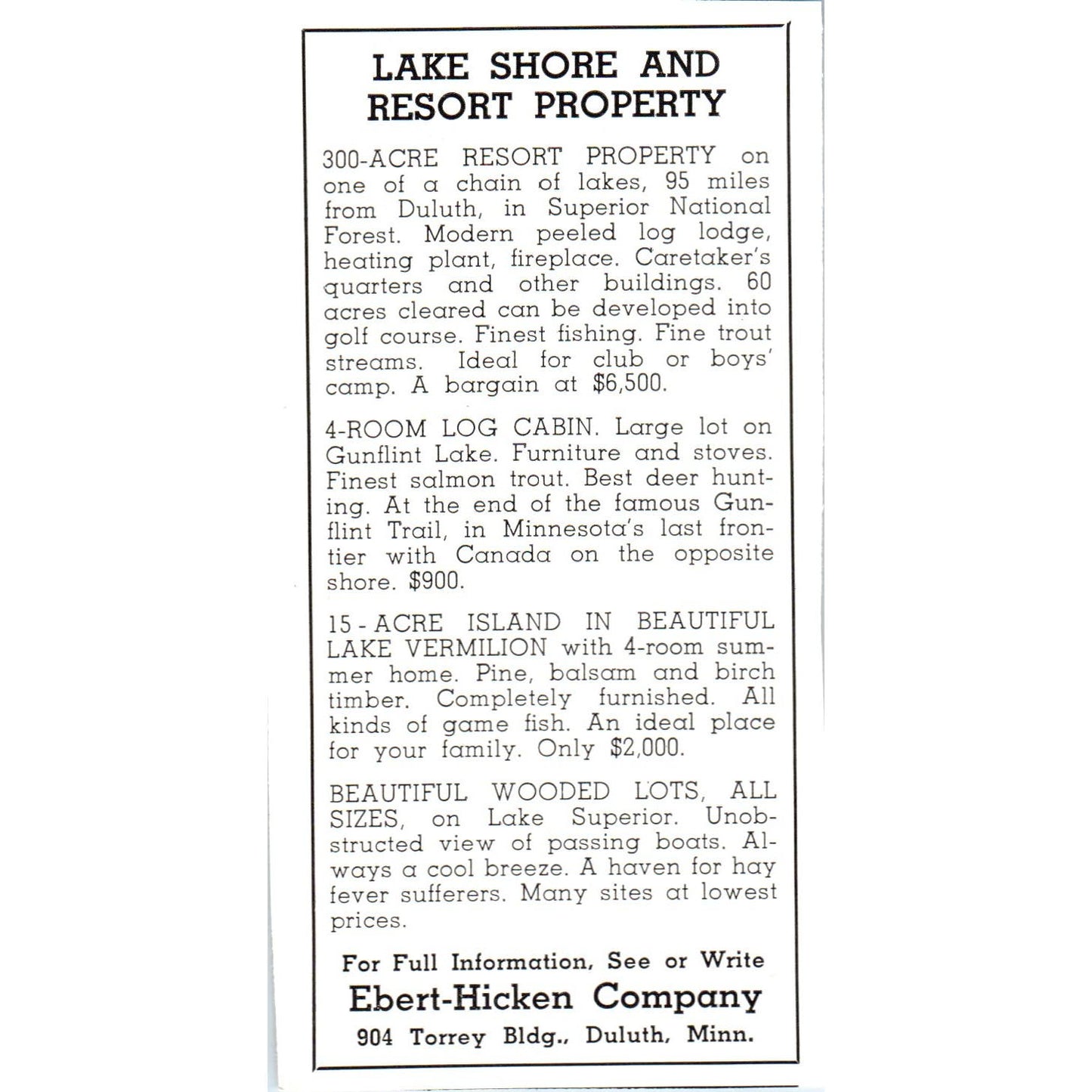 Lake Shore and Resort Property Ebert-Hicken Co Duluth MN 1940 Magazine Ad AF1-OM