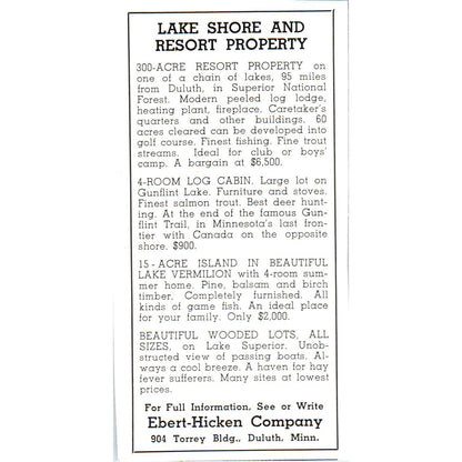 Lake Shore and Resort Property Ebert-Hicken Co Duluth MN 1940 Magazine Ad AF1-OM