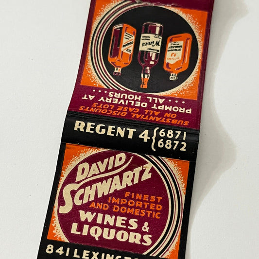 David Schwartz Wines & Liquors 841 Lexington Vintage Matchbook Cover TB6-MB1-12