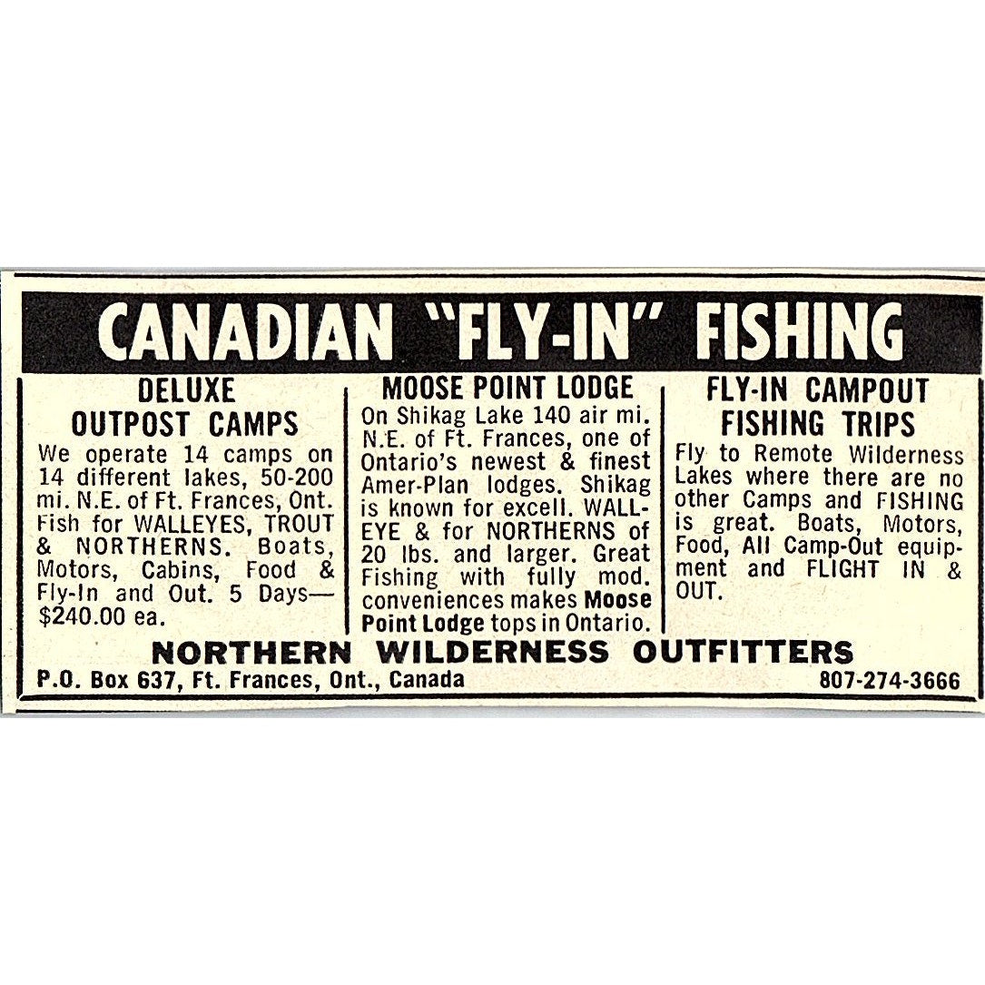 Fly-In Fishing Northern Wilderness Outfitters Ft. Frances Ontario 1977 Ad AF6-M1