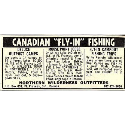 Fly-In Fishing Northern Wilderness Outfitters Ft. Frances Ontario 1977 Ad AF6-M1