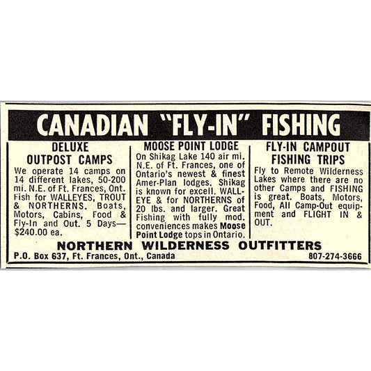 Fly-In Fishing Northern Wilderness Outfitters Ft. Frances Ontario 1977 Ad AF6-M1