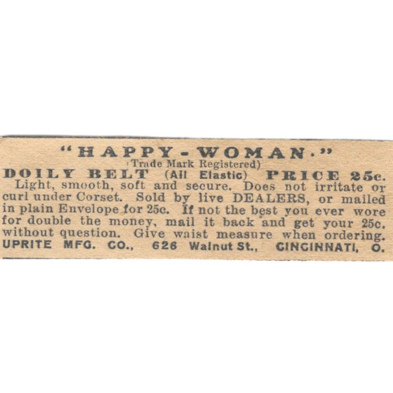 Happy Woman Doily Belt Uprite Mfg Co Cincinnati OH 1910 Magazine Ad AF1-SS9