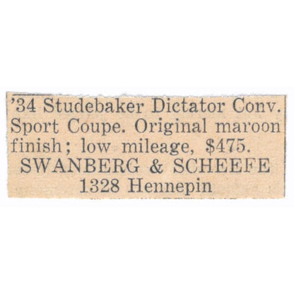 '34 Studebaker Dictator Swanberg & Scheefe Hennepin 1935 Magazine Advert AE7-N8