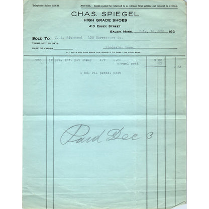 Chas. Spiegel Shoes Salem MA 1925 Original Billhead Letterhead Receipt D8