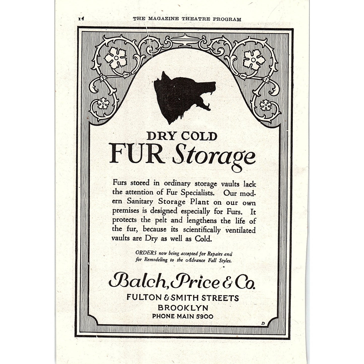 Balch, Price & Co Dry Cold Fur Storage Fulton & Smith St Brooklyn 1921 Ad AF3-10