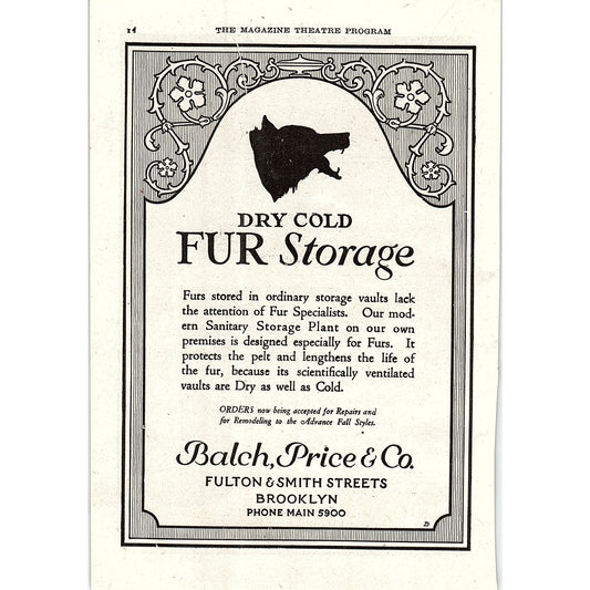 Balch, Price & Co Dry Cold Fur Storage Fulton & Smith St Brooklyn 1921 Ad AF3-10