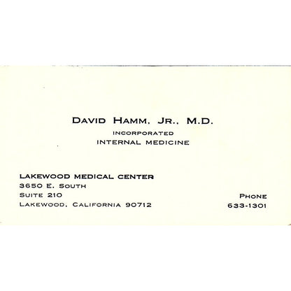 Lakewood Medical Center David Hamm, JR. Lakewood CA Vintage Business Card SF3-B7