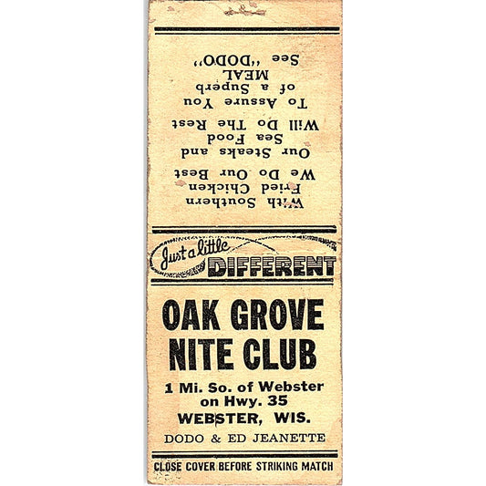 Oak Grove Nite Club Dodo & Ed Jeanette Webster WI Vintage Matchbook Cover SF3-Y2