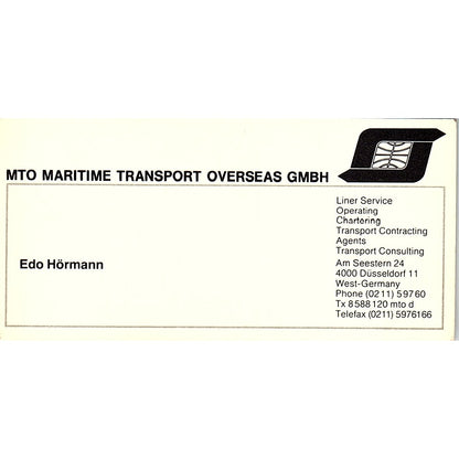 Edo Hörmann MTO Maritime Transport West Germany Vintage Business Card SD9-B8