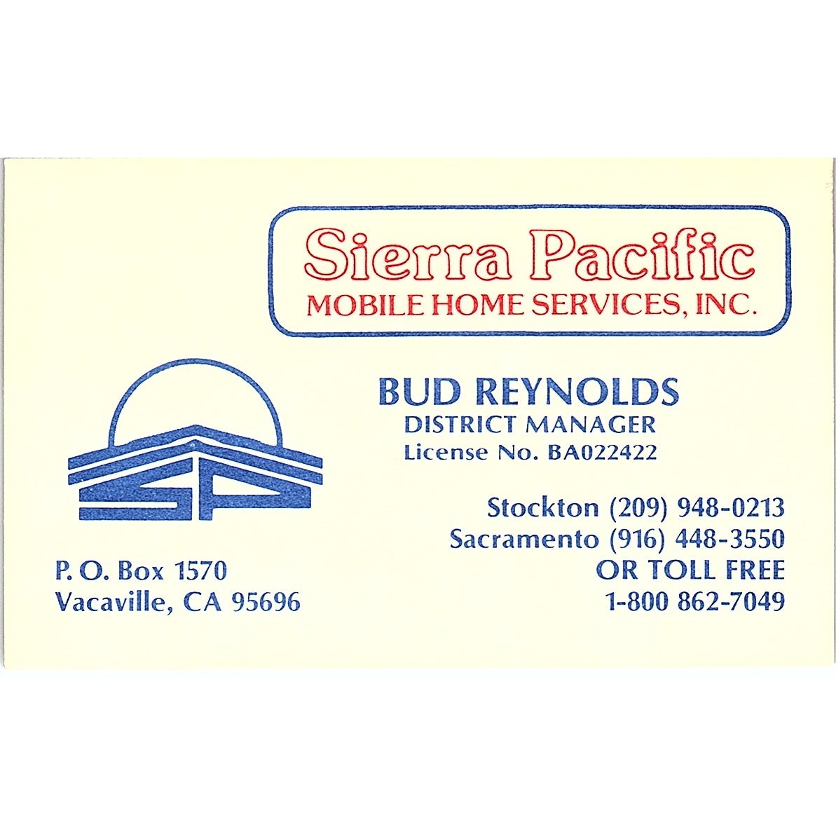 Sierra Pacific Mobile Home Services Bud Reynolds Vacaville Business Card TH2-B1