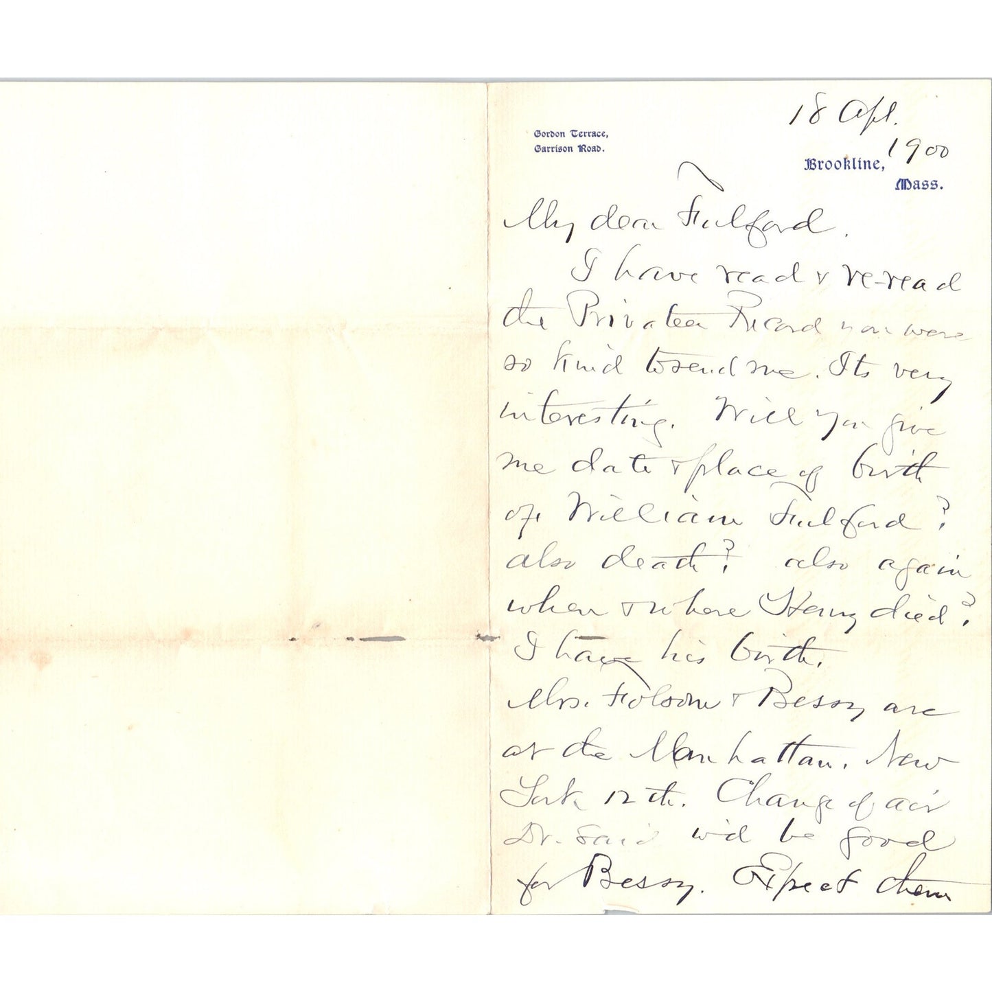 1900 Handwritten Letter Gordon Terrace Brookline MA - A.A. Filson D20