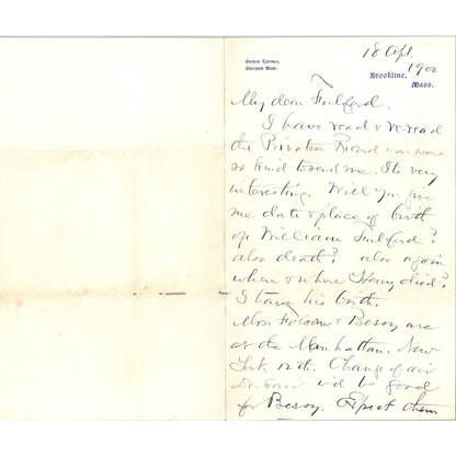 1900 Handwritten Letter Gordon Terrace Brookline MA - A.A. Filson D20
