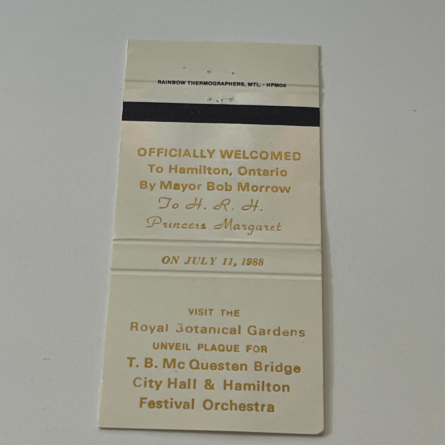 1988 Royal Botanical Gardens Hamilton ONT Plaque Unveiling Matchbook MM5-7