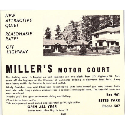 Miller's Motor Court, McGregor Heights Cottages Estes Park CO 1958 Ad AG1-H1