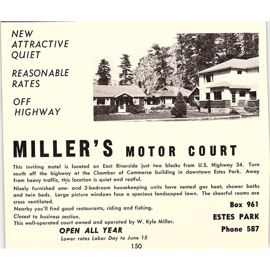Miller's Motor Court, McGregor Heights Cottages Estes Park CO 1958 Ad AG1-H1