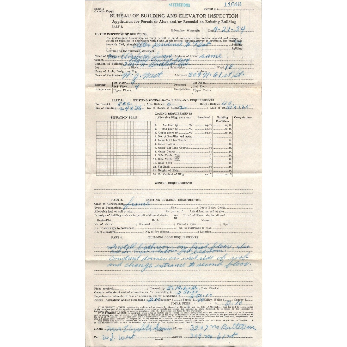 1934 Milwaukee Wisconsin Application for Building Permit J16