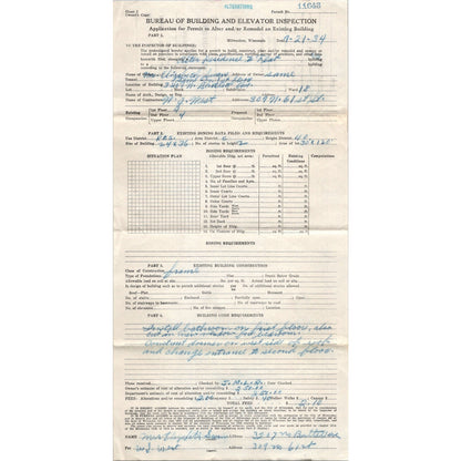 1934 Milwaukee Wisconsin Application for Building Permit J16