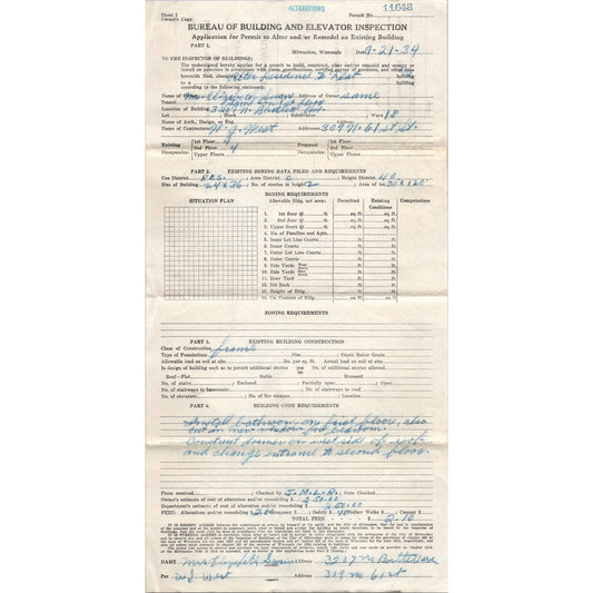 1934 Milwaukee Wisconsin Application for Building Permit J16