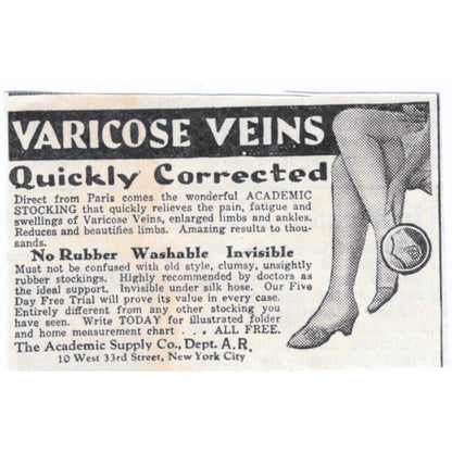 Varicose Veins Academic Supply Co NY 1930s Magazine Advertisement AE4-I3
