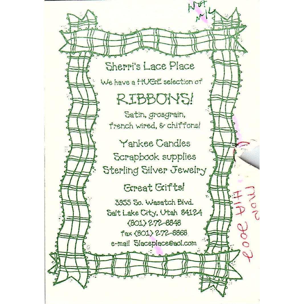 Sherri's Lace Place Ribbons Salt Lake City Utah Vintage Business Card ML1-6