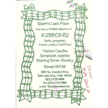 Sherri's Lace Place Ribbons Salt Lake City Utah Vintage Business Card ML1-6