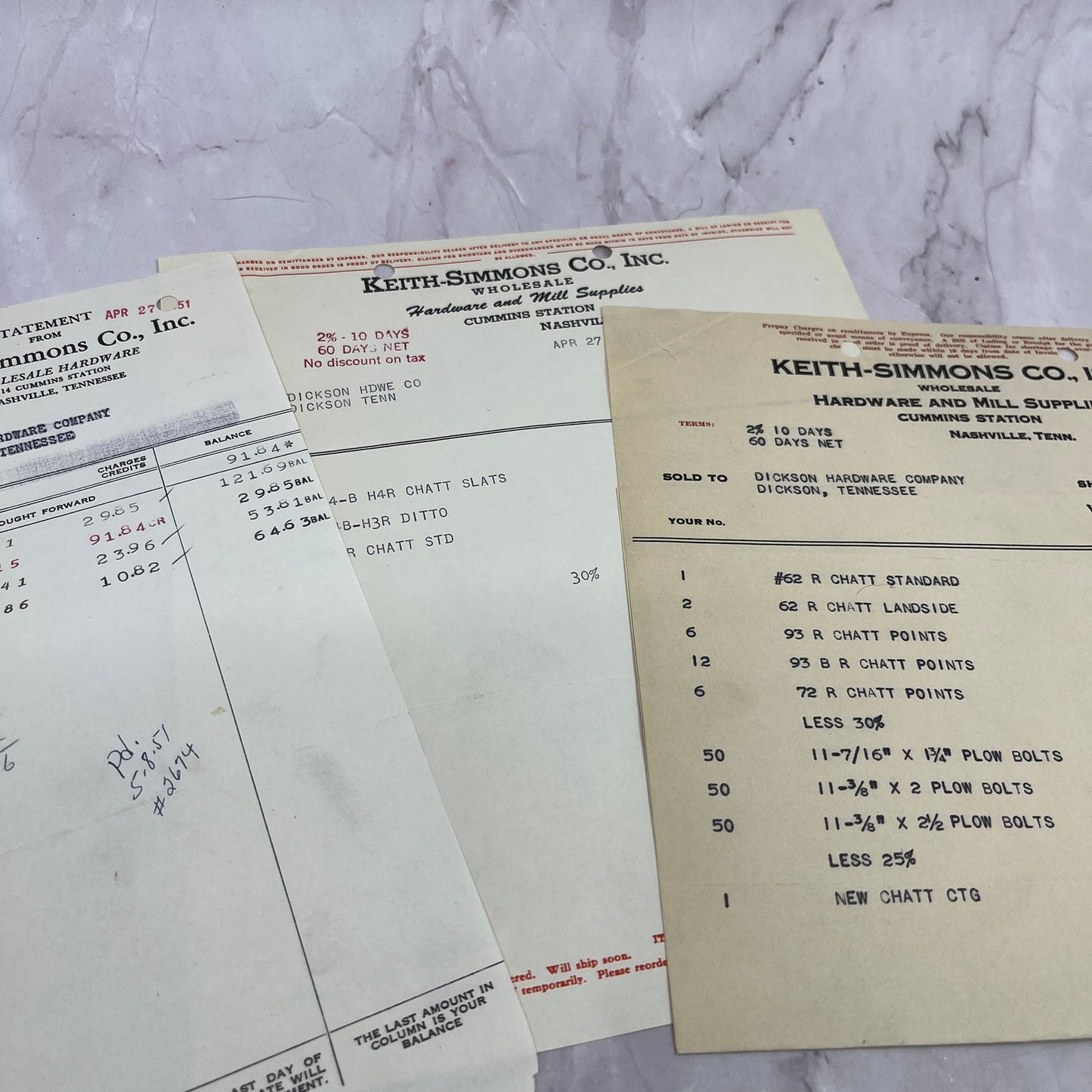 1950s Keith-Simmons Co Inc Nashville Tennessee Billhead Invoice Lot TC5-RD