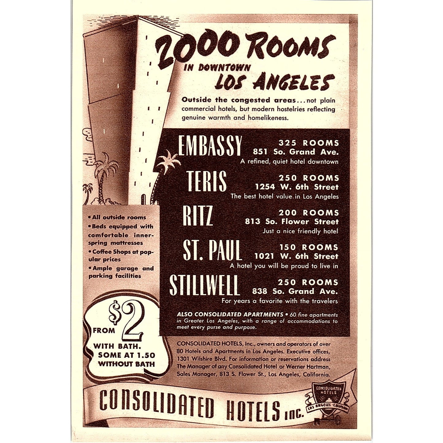 Consolidated Hotels Inc 2000 Rooms in Downtown Los Angeles CA 1940 Ad AG1-8