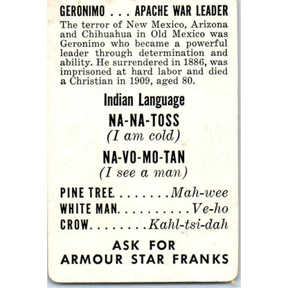 1956 Armour Star Franks Indian Language Card Geronimo Apache War Leader PD3