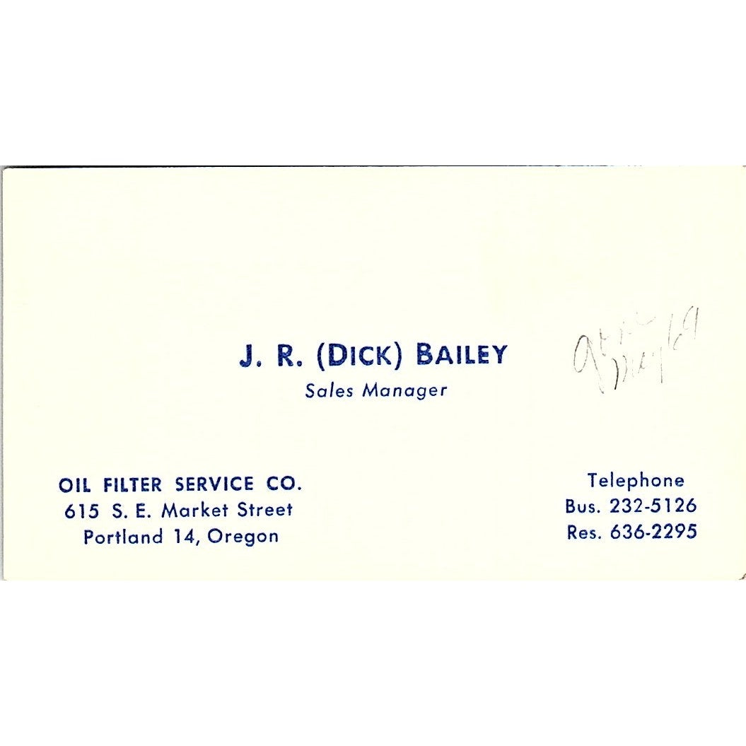 Oil Filter Service Co J.R. (Dick) Bailey Portland 14 Oregon Business Card SB4-B3